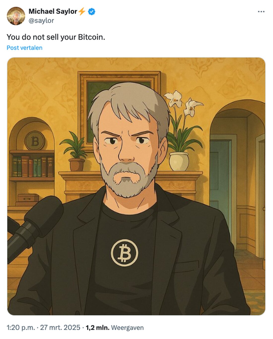 Michael Saylor und der Studio-Ghibli-Hype: Ein Blick auf den Bitcoin-Maximalismus Sogar Michael Saylor, einer der bekanntesten Bitcoin (BTC)-Maximalisten der Welt, macht beim aktuellen Studio-Ghibli-Hype mit. In einem aktuellen Beitrag auf X teilte Saylor ein auffälliges Bild von sich, das im ikonischen Stil eines Ghibli-Films gestaltet ist. Selbstverständlich ist das bekannte BTC-Logo in der Szene integriert. Saylor hat seine Botschaft in diesem Kontext klar formuliert: „Verkauf dein Bitcoin nicht.“ Was steckt hinter dem Studio-Ghibli-Meme-Trend? Für diejenigen, die es nicht wissen: Studio Ghibli ist ein legendäres japanisches Animationsstudio, bekannt für zeitlose Klassiker wie „Chihiros Reise ins Zauberland“, „Mein Nachbar Totoro“ und „Prinzessin …